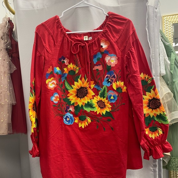 Tops - Floral Embroidered Red Women's Top